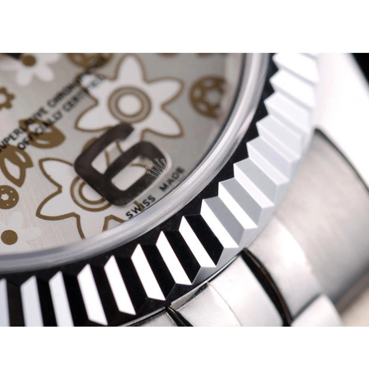 MiroTime 0718 Rolex Swiss DateJust Stainless Steel Ribbed Bezel Flower Silver Dial 42001